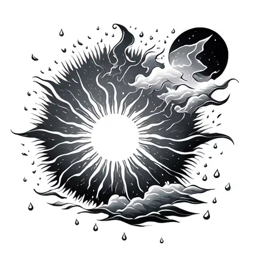 sky, raindrops, sun, thunder tattoo design idea