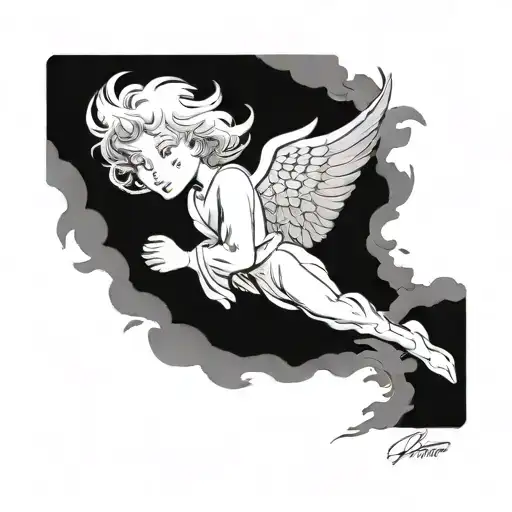 angel in clouds leaving earth and looking back to you tattoo design idea