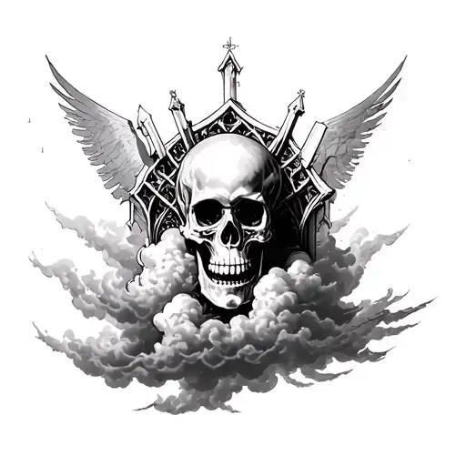 gothic cathedral fore arm tattoo skull in the clouds  tattoo design idea