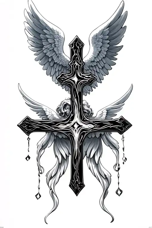 Cross and angel wings tattoo design idea