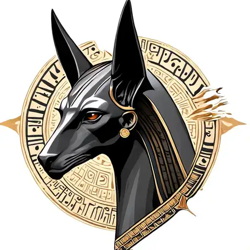 ANUBIS with egyptian writing background  tattoo design idea