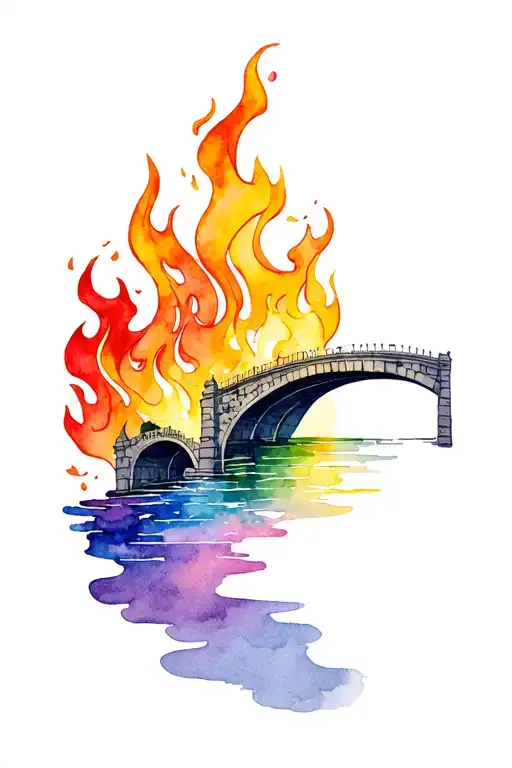 stone bridge burning with rainbow flames left arm tattoo design idea