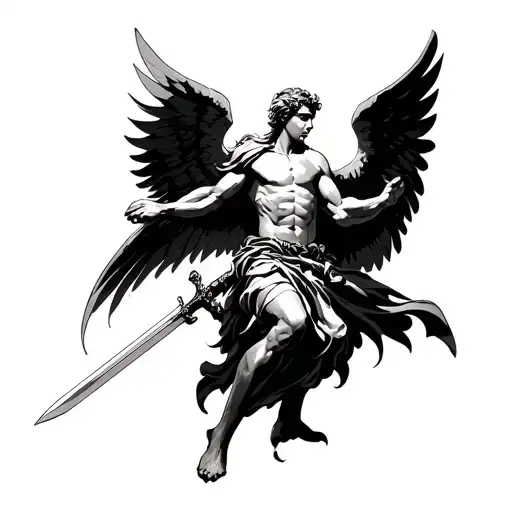Archangel Michael fighting with a minimalistic sword and wings with lines without body and only lines and minimalistic tattoo design idea