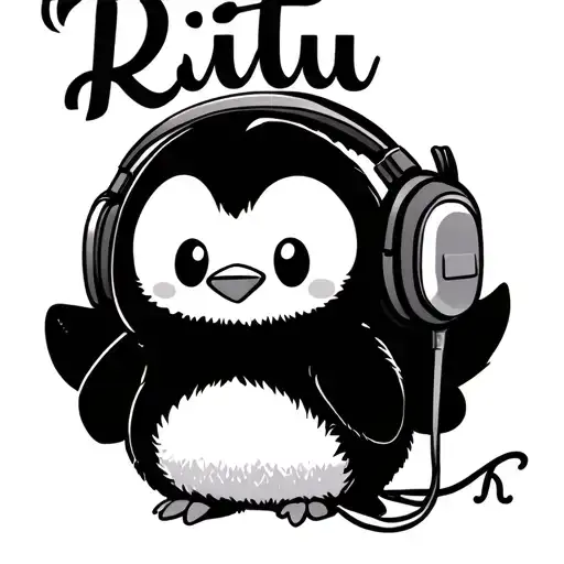 "Ritu" cute penguin wearing headphones tattoo design idea
