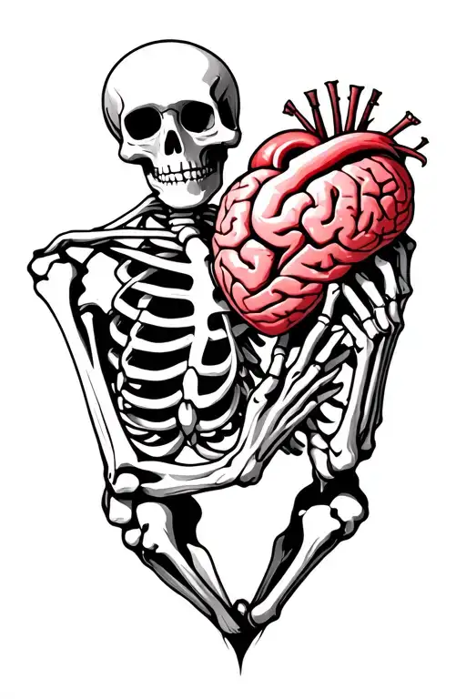 skeleton holding a brain vs heart tattoo design idea