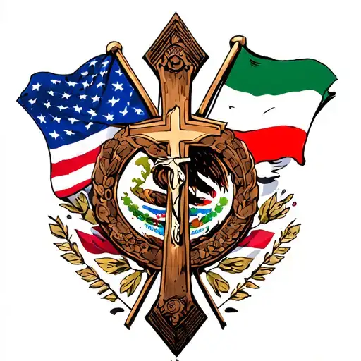 full back tattoo with detail of a cross surrounded by the US flag and the mexican flag and the irish flag tattoo design idea