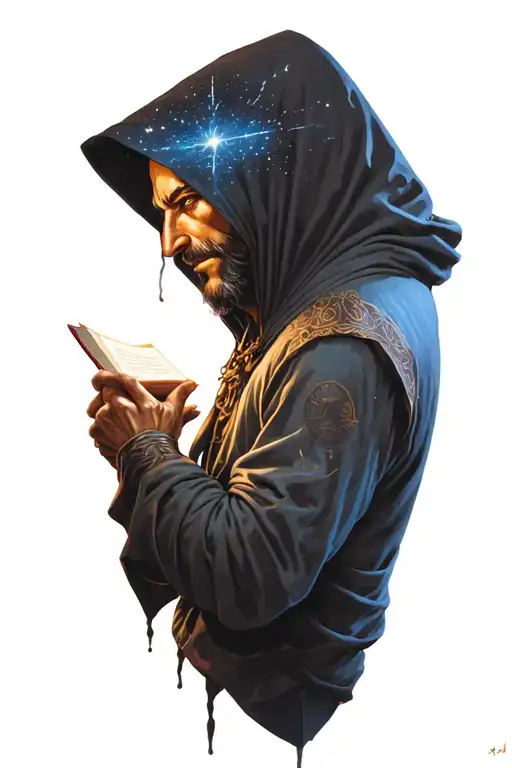 hooded alchemy man, paperback book, starry sky, the heavens, sparks tattoo design idea