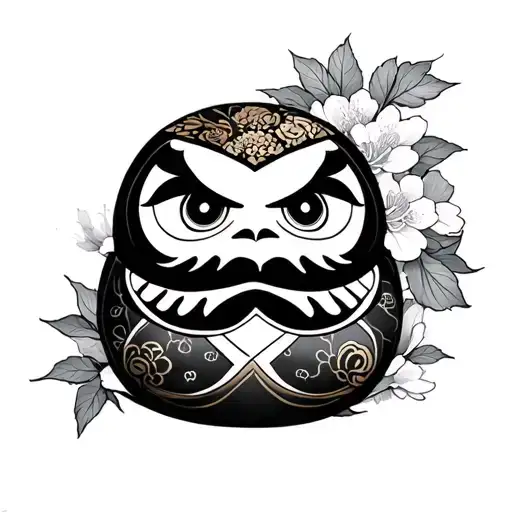 -full sleeve tattoo black Three Japanese Daruma doll colored sakura leaves colored Left arm tattoo design idea