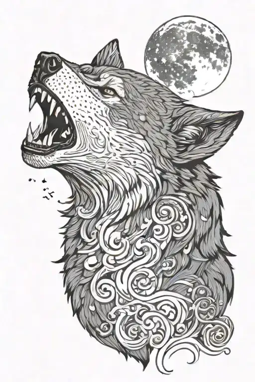 angry wolf howling at the moon tattoo design idea