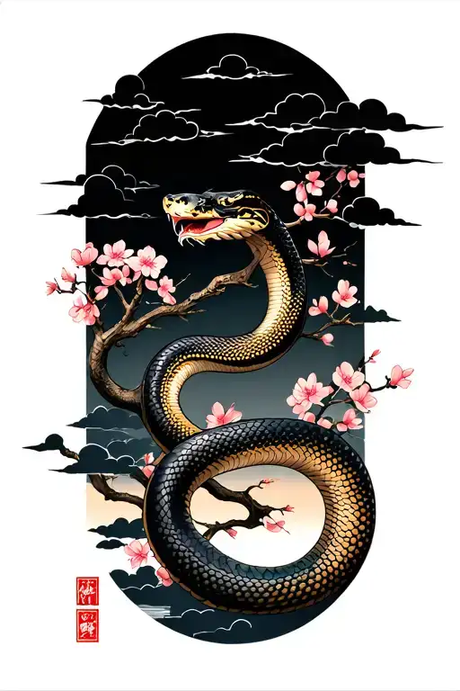 a Japanese traditional tattoo of a large  snake around a cherry blossoms tree with black clouds filling in the rest  tattoo design idea