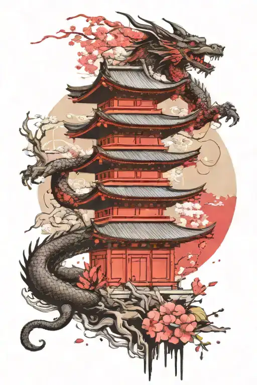 Japanese temple surrounded by cheery blossom trees and a dragon tattoo design idea