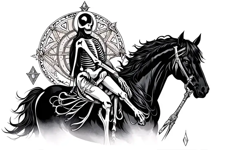 tarot card, 6 of Wands inspired, dark skeletal horse, 5 birth stones as wand tops the background ones,kincg on horse tattoo design idea