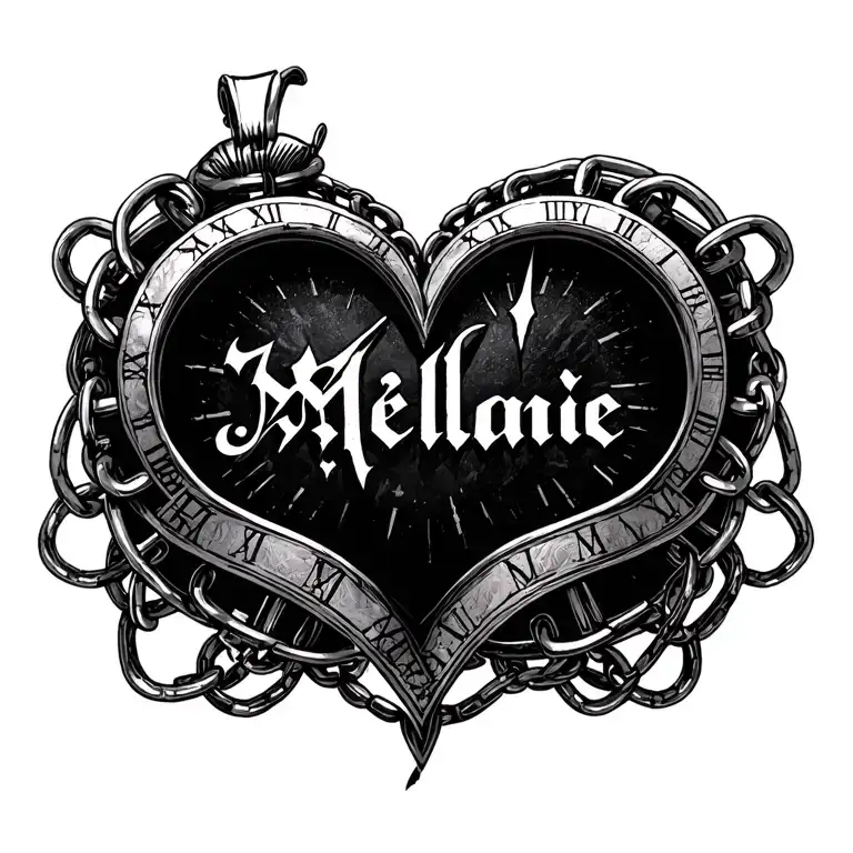 "Mélanie" clock heart chains tattoo design idea