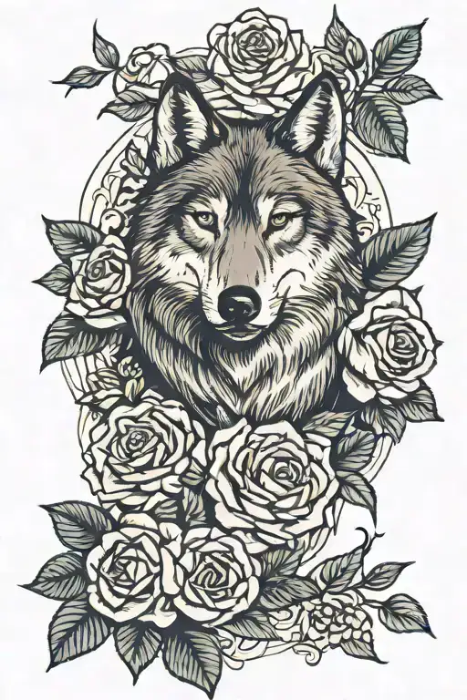 wolf, rose, and wren tattoo design idea