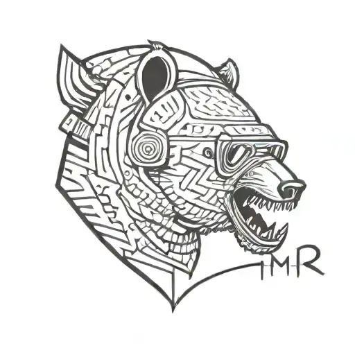 bear roaring wearing pointy helmet below it writes "МИР" tattoo design idea