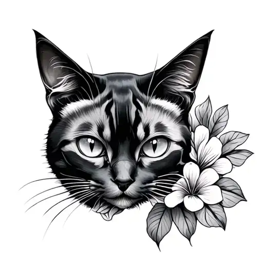 cat, flowers tattoo design idea