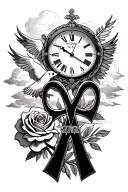  the name Ruth but I want the T replaced with an ankh. With clouds a clock turned to 10:13 with a rose and a dove tattoo design idea