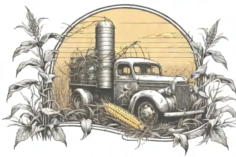 corn field as the focal pointwith a old truck to the side and a old fence in front tattoo design idea