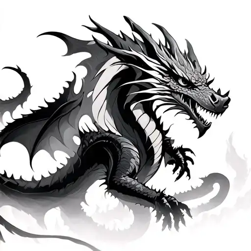 Mystic dragon coming from mists with a very agressive look in deep dark hollow eyes tattoo design idea