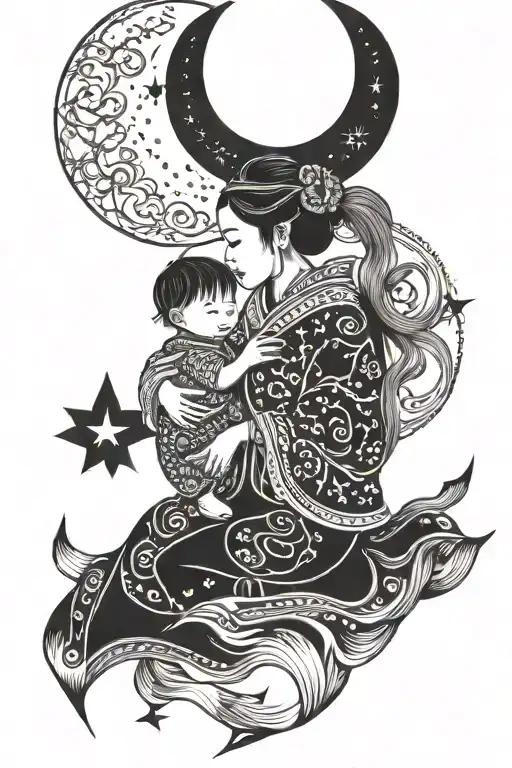 hmong mother carrying child with moonlight and stars. tattoo design idea