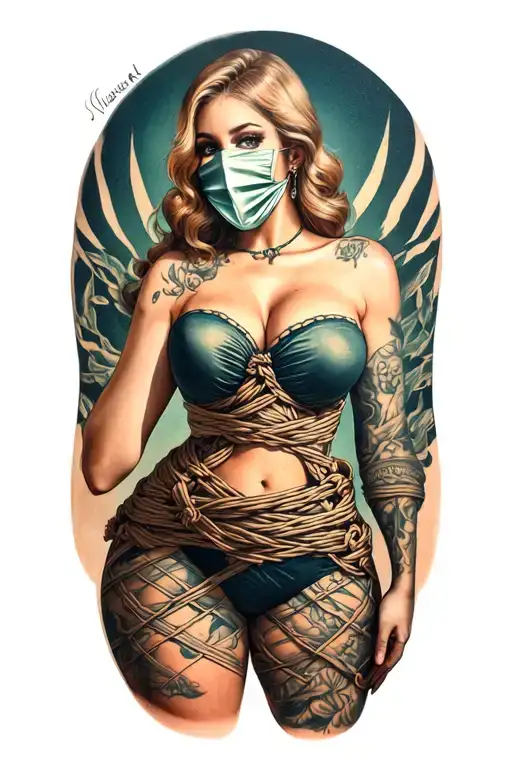 busty woman that has a double D cup breasts, nice healthy curves, strong legs, with the mask from Vessel in shibari  tattoo design idea