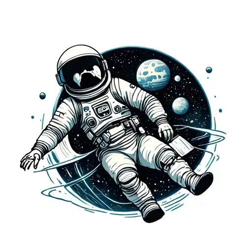 astronaut floating in space with death star tattoo design idea