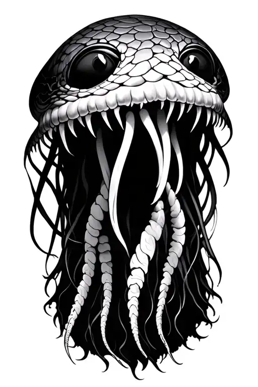 The head of the gorgona jellyfish, a lot of interwoven bodies of snakes, mouths are open and fangs, snakes with vertical pupils are visible. tattoo design idea