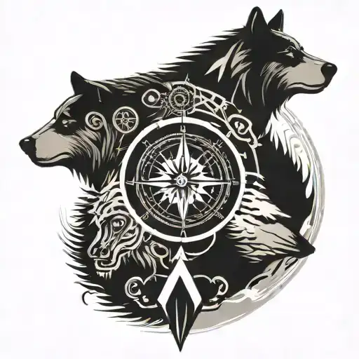 A tribal-inspired tattoo featuring a bear and wolf facing off, with a compass in the center tattoo design idea