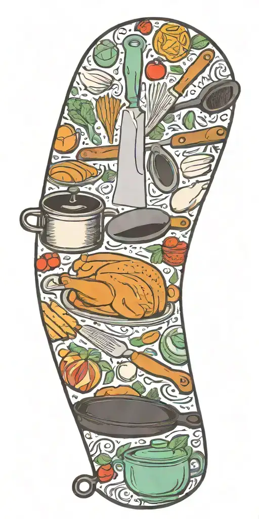 culinary themed chef's knife Cast iron pans, pots pans Rolling pins, whisk, spatulas and Bon Appétit tattoo design idea