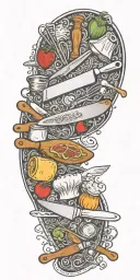 culinary themed chef's knife Cast iron pans, pots pans Rolling pins, whisk, spatulas and Bon Appétit tattoo design idea