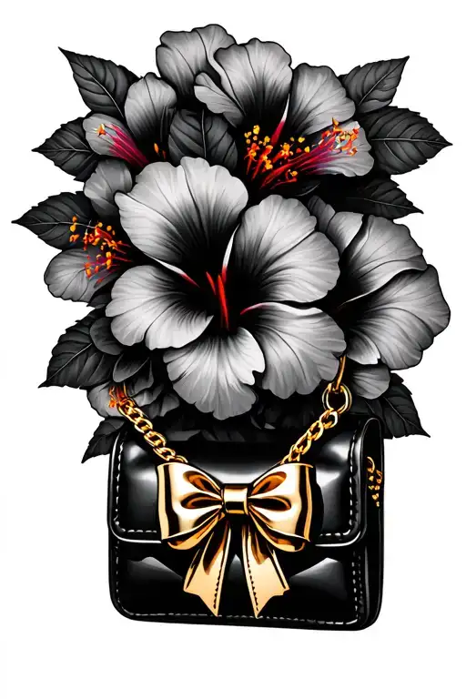 bouquet of hibiscus flowers with a black purse charm with a gold bow tattoo design idea