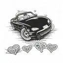 cartoon style Miata 1980 with pop up heart lights tattoo design idea