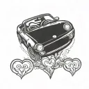 cartoon style Miata 1980 with pop up heart lights tattoo design idea