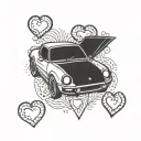 cartoon style Miata 1980 with pop up heart lights tattoo design idea