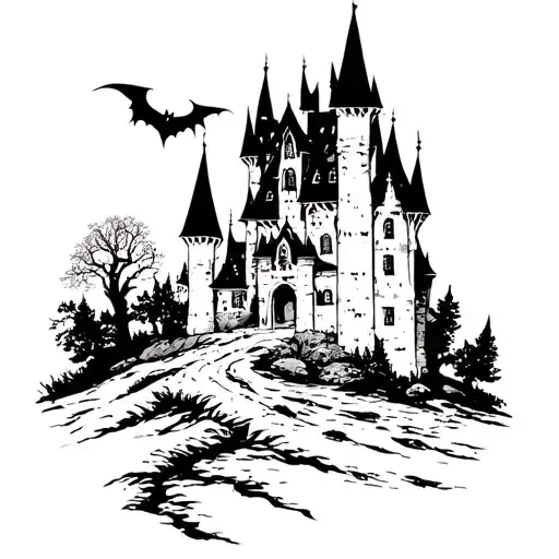Tattoo design, gothic dark art style, vertical composition for shoulder and arm. Dracula's castle silhouette from Castle tattoo design idea
