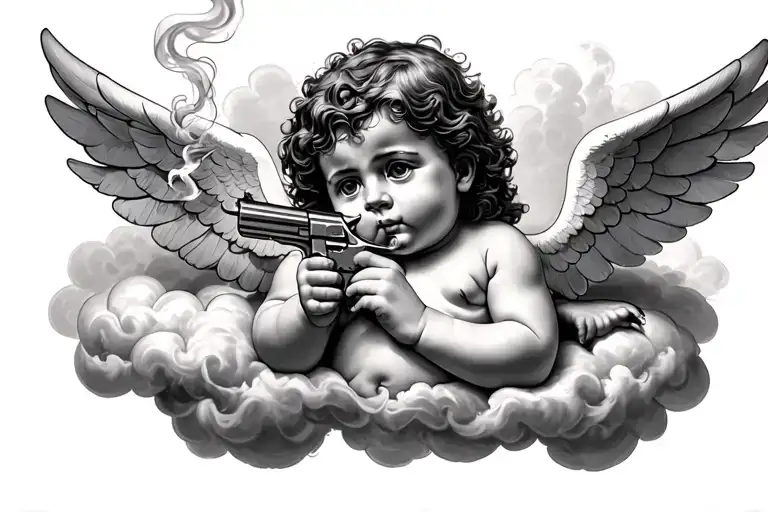 a cherub, relaxing on a cloud, smoking a cigarette & holding a pistol. realism tattoo design idea