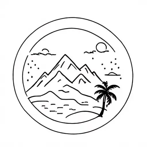 mountain, palm tree and world, single line tattoo tattoo design idea