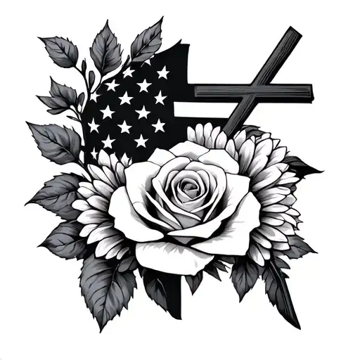 Rose And Aster floral cross and american flag tattoo design idea