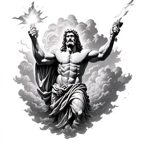 a Greek mythology Zeus holding a lighting bolt in the air in clouds realistic  tattoo design idea