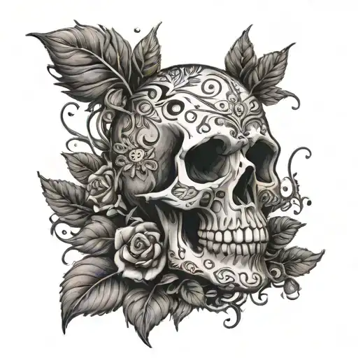 An intricate tattoo design of a skull surrounded by various poisonous plants like deadly nightshade and wolfsbane, with a lava lamp glowing in the background tattoo design idea