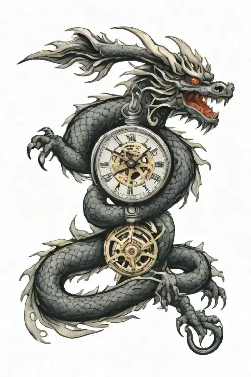 dragon and pocket watch mechanism intertwined tattoo design idea