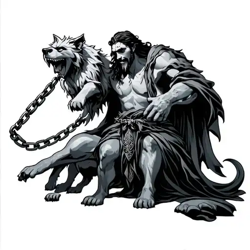 Hades the god of the underworld holding cerberus by a chain. tattoo design idea