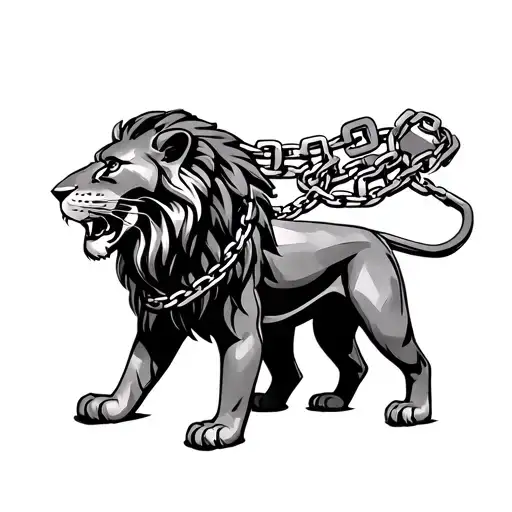 lions full body with chain around its neck tattoo design idea