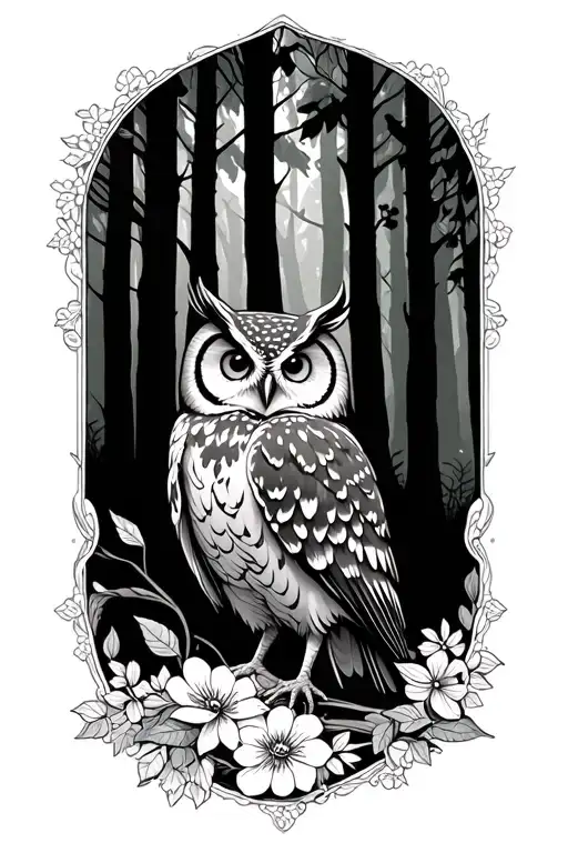 floral lace with owl in forest scene  tattoo design idea
