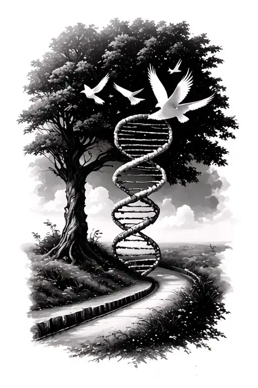 road with birds flying upwards connected to a dna helix going into a tree tattoo design idea