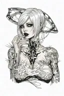 Sexy girl, Huge boobs, cleavage, petite, pure white eyes, torn clothing, short white bob hairstyle, waist up view  tattoo design idea