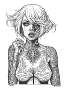 Sexy girl, Huge boobs, cleavage, petite, pure white eyes, torn clothing, short white bob hairstyle, waist up view  tattoo design idea