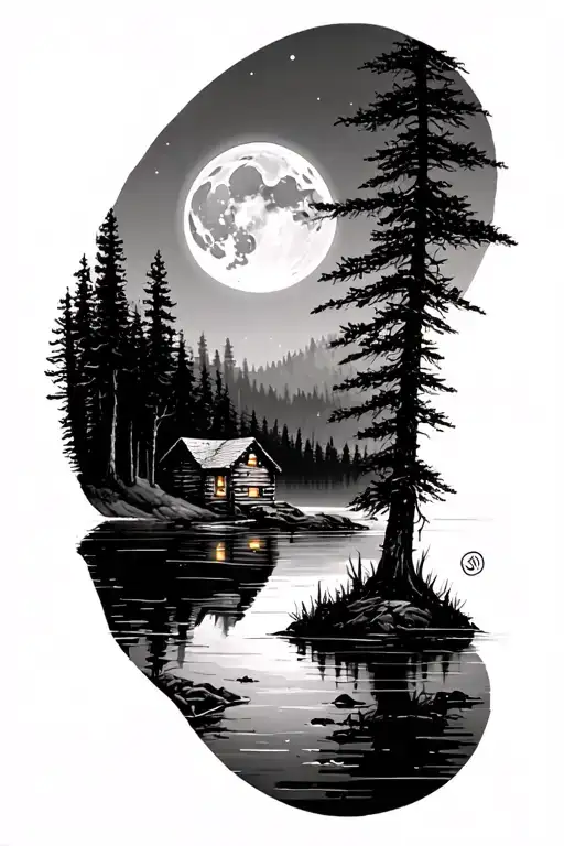 moon over Forest skyline, a frame cabin on lake tattoo design idea