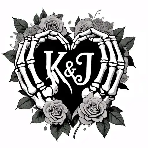 skeleton hands that make a love heart with roses intertwined and with the letters K & J tattoo design idea