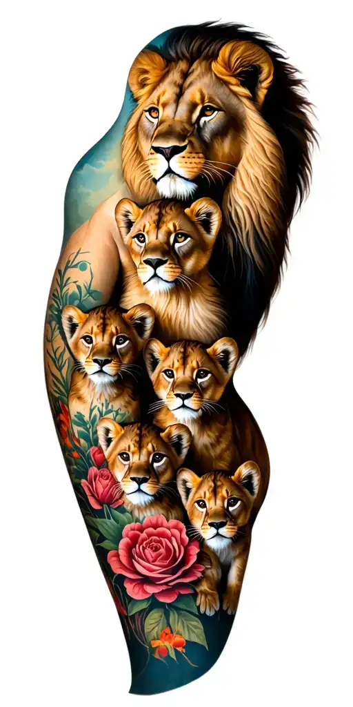 full tattoo sleeve with mama lioness and 5 cubs (3 boys 2 girls) and flowers tattoo design idea